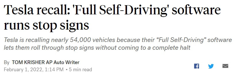 特斯拉自动驾驶有Bug，全美召回5.4万辆车